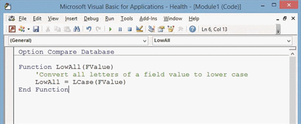   In the accompanying figure, the comment for the module begins with ____. A)  Option B)  Function C)  single quotation mark (')  D)  LowAll