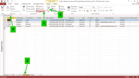 <strong> In the accompanying figure, which numbered arrow indicates the Access feature that toggles an Access datasheet between filtered view and the full datasheet view?</strong> A) 1 B) 2 C) 3 D) 4