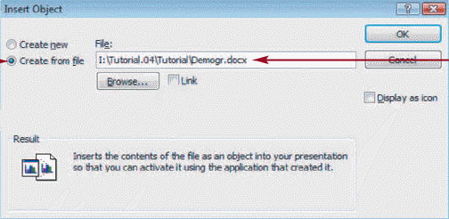  To ____ a Word file into a presentation click the Create from file option button in the accompanying figure. A) embed B) link C) append D) import