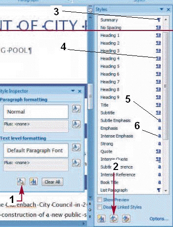   Click the item marked 1 in the accompanying figure to open the Style Inspector window.