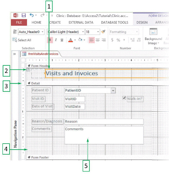   In the accompanying figure, which arrow indicates the Detail section bar? A)  1 B)  2 C)  3 D)  4