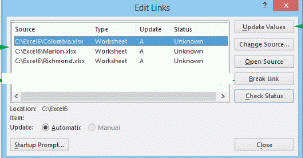   Click the button marked ____ in the accompanying figure to fix broken links. A)  Break Link B)  Update Values C)  Check Status D)  Change Source