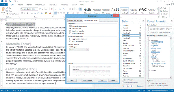   You can use the dialog box in the accompanying figure to control ____, a term that refers to a single line of text at the bottom of a page. A)  orphans B)  widows C)  suppressions D)  tight wraps