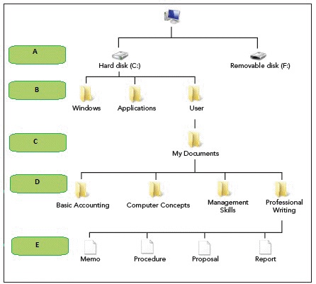   The folders in the level marked by box ____ in the accompanying figure are designed to contain subfolders for your personal files. A)  A B)  B C)  C D)  D