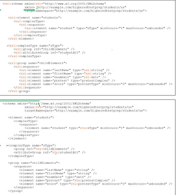 Case 4-2 Urma has begun to apply the basic information that you have given her about schemas, and she wants to understand a schema with and without qualified XML Schema object names.   -In the example code, <attributeGroup ref = stu:studentAtt /> , a reference to objects from the students namespace that require prefixes is _____. A)  studentAtt B)  ref C)  stu:studentAtt D)  stu