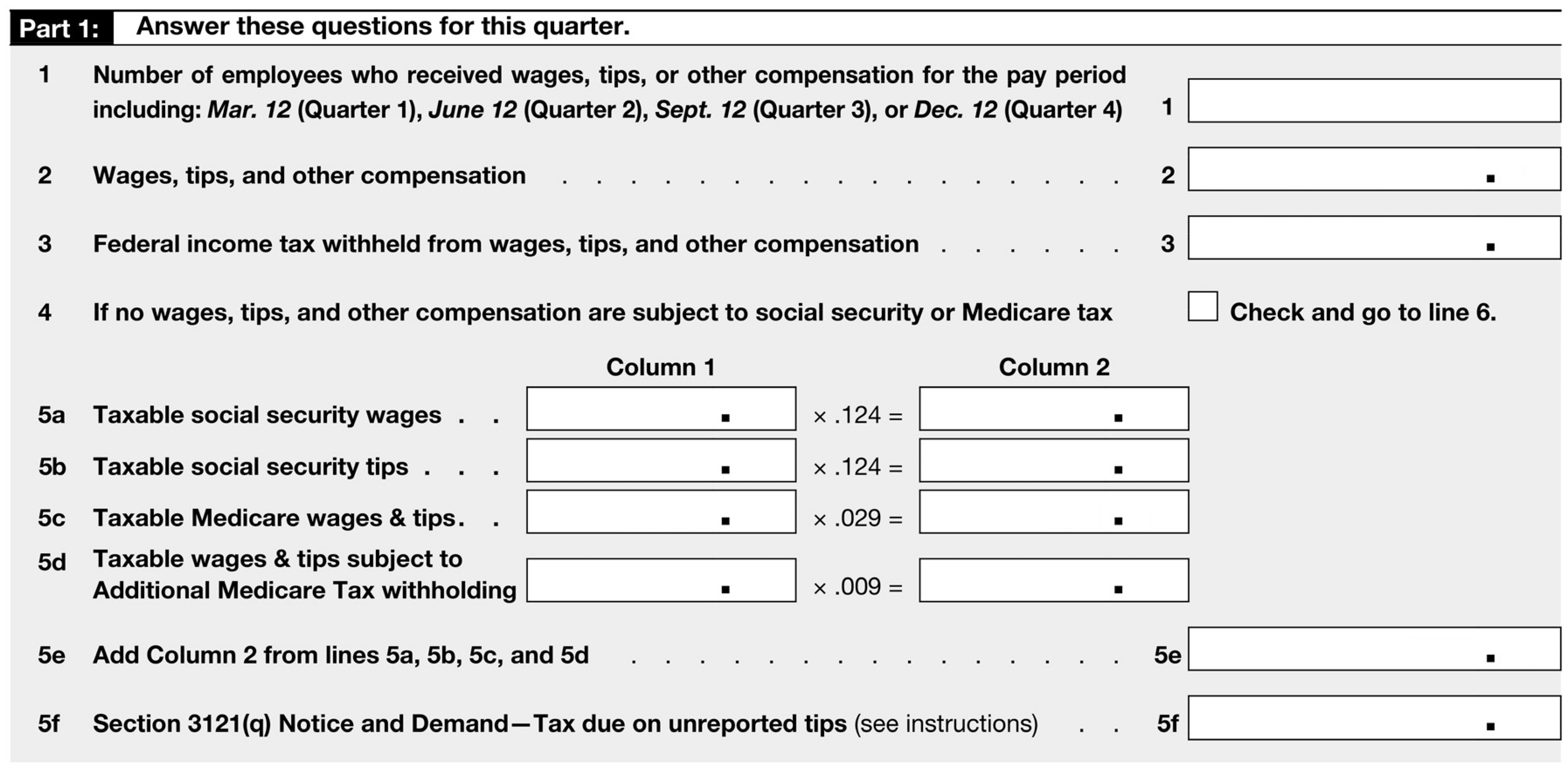 Lidge Company of Texas (TX) is classified as a monthly depositor and pays its employees monthly.  The following payroll information is for the second quarter of 20--.    The number of employees on June 12, 20-- was 11.  a.   Complete the following portion of Form 941.    Source: Internal Revenue Service  b.  Complete the following portion of Form 941.      Source: Internal Revenue Service  c.  Complete Part 2 of Form 941.        Source: Internal Revenue Service  d.  What are the payment due dates of each of the monthly liabilities assuming all  deposits were made on time, and the due date of the filing of Form 941 (year 20--)?
