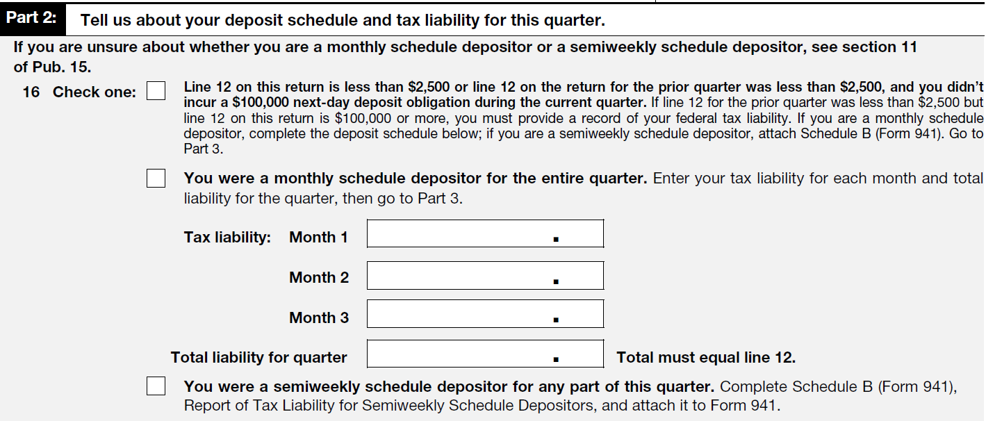 Lidge Company of Texas (TX) is classified as a monthly depositor and pays its employees monthly.  The following payroll information is for the second quarter of 20--.    The number of employees on June 12, 20-- was 11.  a.   Complete the following portion of Form 941.    Source: Internal Revenue Service  b.  Complete the following portion of Form 941.      Source: Internal Revenue Service  c.  Complete Part 2 of Form 941.        Source: Internal Revenue Service  d.  What are the payment due dates of each of the monthly liabilities assuming all  deposits were made on time, and the due date of the filing of Form 941 (year 20--)?
