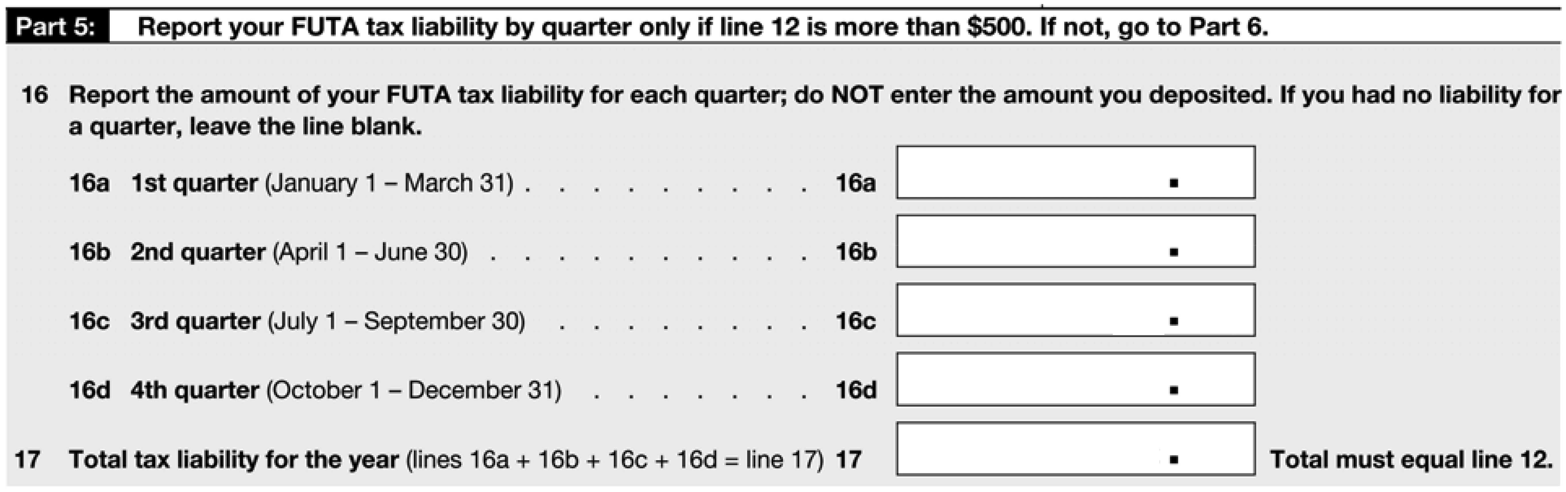 Instruction 5-1  Use the net FUTA tax rate of 0.6% on the first $7,000 of taxable wages.  a.  Complete Part 2 of Form 940 based on the following information:     b. Complete Part 5 of Form 940 for the employer given the breakdown of FUTA taxable    