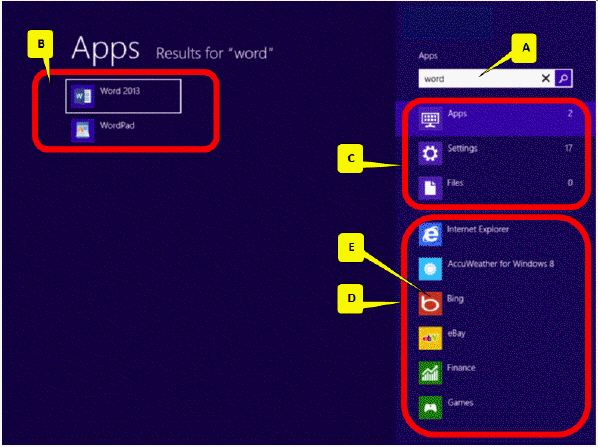   The accompanying figure illustrates the screen that appears when you type  word  in the text box. Which of the following is the title of this screen that is missing in this picture? A)  Search B)  Start C)  Programs D)  Select