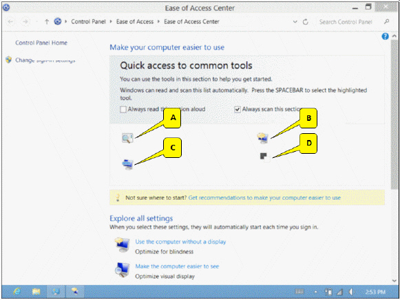   The Ease of Access Center window is shown in the accompanying figure. Some of the accessibility titles are removed and replaced by callouts. Which callout points to the Start On-Screen Keyboard tool? A)  A B)  B C)  C D)  D