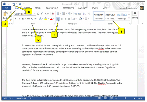   Referring to the picture above, which callout points to the Quick Access toolbar? A)  A B)  B C)  C D)  D