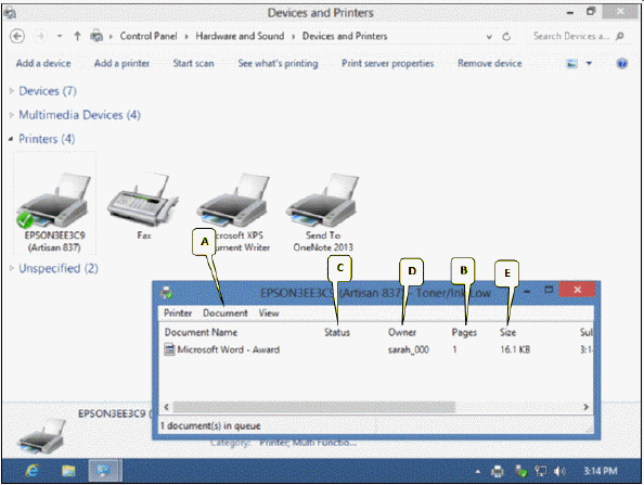   Refering to the accompanying figure, how many documents are in the print queue? A)  none B)  1 C)  2 D)  3