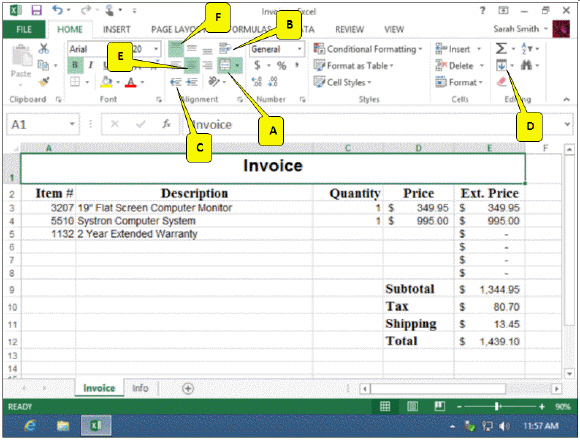   In the accompanying figure, which label was centered using the Merge and Center button? A)  Description B)  Invoice C)  Price D)  Item #