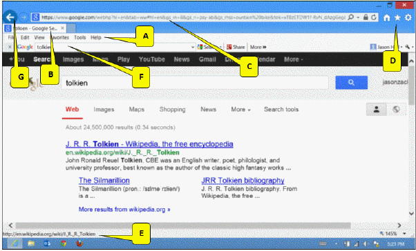 <strong>  Referring to the accompanying figure, which of the following is pointed to by callout F?</strong> A) Status bar B) Tools and controls C) Menu bar D) Toolbar <div style=padding-top: 35px> 
