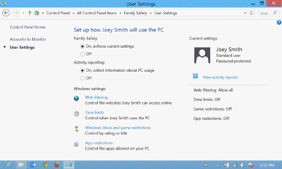   Referring to the accompanying figure, you can control all of the following, EXCEPT _____. A)  e-mailing B)  Web filtering C)  time limits D)  Windows Store and game restrictions