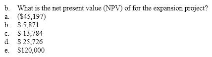 Use the following information for the next four questions. Norlin Corporation is considering an expansion project that will begin next year (Time 0). Norlin's cost of capital is 12%. The initial cost of the project will be $250,000, and it is expected to generate the following cash flows over its five-year life:            