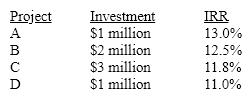 The following information pertains to the capital program of a firm:  Target capital structure : 30% debt, 20% preferred stock, 50% equity.  Unadjusted component costs of capital k<sub>d</sub> = 10%  k<sub>p</sub> = 12%  k<sub>e</sub> = 14%  Flotation Costs, Taxes, and Retained Earnings Flotation costs are 8% on common and preferred stock and zero on debt  The total effective tax rate (federal and state)is 40%  Retained earnings of $1,250,000 are expected next year.  Investment Opportunities      