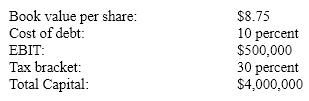 Yang Centers wants to report at least $1.75 in earnings per share. Given the following information, how much debt should be in its capital structure?   A) $457,142 B) $520,050 C) $2,800,000 D) $3,461,538