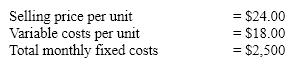 Assume the following facts about a firm that sells just one product:   What is the firm's monthly breakeven volume in units? A) 417 units B) 1,250 units C) 5,000 units D) 1,667 units