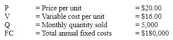 The formula for determining the degree of operating leverage is:  DOL = [Q (P - V)] ÷ [Q (P - V)- F<sub>C</sub>]  The variables have the following meanings and values:     A 5% increase in the firm's sales will lead to a 20% increase in its EBIT.