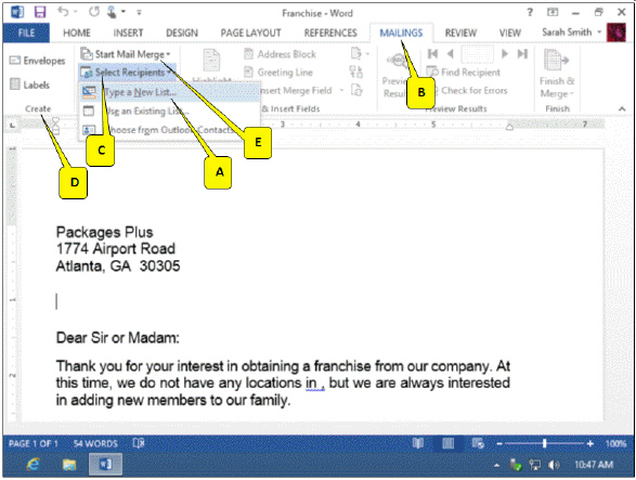   Refering to the accompanying figure, which of the following sequences is correct for performing a mail merge? A)  A B C D E B)  B D E C A C)  B C D E A D)  B D E A C