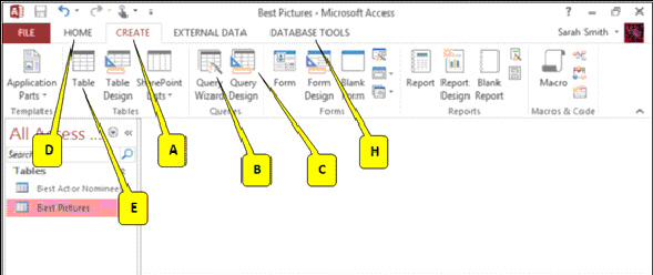  Referring to the figure above, which callout points to the tab that should be clicked first to build a query? A)  A B)  B C)  D D)  H