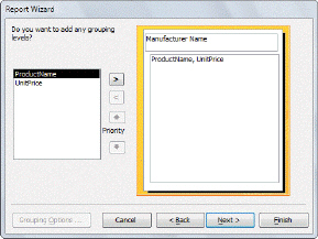   Referring to the figure above, to group report data by a field, you would click a field, then click the ____ button. A)  > B)  < C)  Back D)  Next