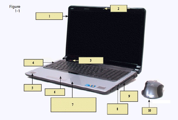   In the figure above, item 1 is pointing to the ____. A)  touchpad B)  CD/DVD drive C)  display device D)  hard disk drive