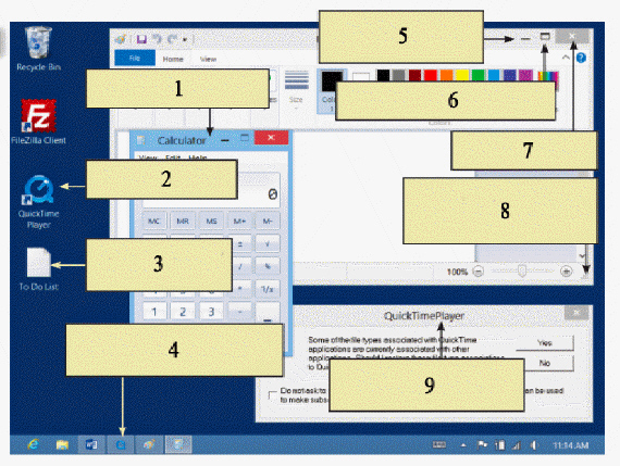   In the accompanying figure, item 9 is pointing to a ____. A)  dialog box B)  notification area C)  desktop icons D)  pinned items