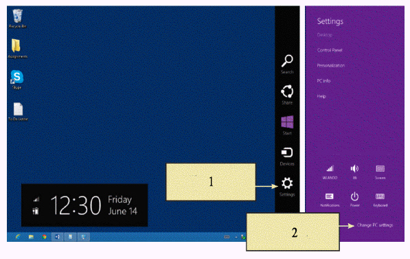  In the accompanying figure, item 1 is pointing to the ____. A)  recently used programs B)  search box C)  Charms menu D)  pinned items