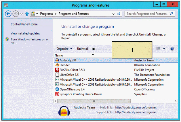   In the accompanying figure, item 1 is pointing to the ____. A)  Uninstall software button B)  title bar C)  Control Panel D)  Program name