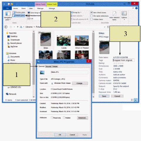   In the accompanying figure, item 1 is pointing to the ____. A)  file's properties dialog box B)  name of the person who created the file C)  file tags and ratings D)  libraries