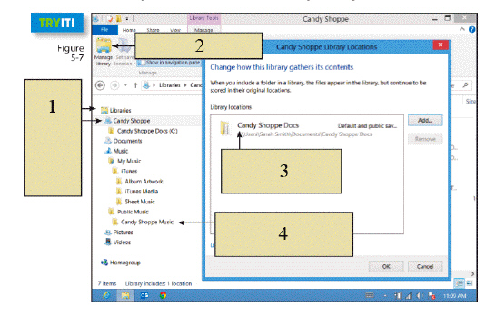   In the figure above, item 1 shows you where to create a(n)  ____. A)  custom library B)  Manage library icon C)  library folder D)   real  location