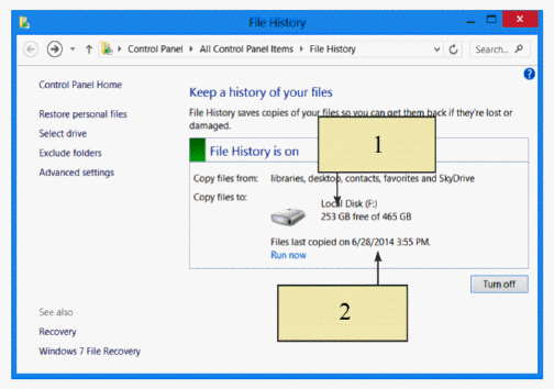   In the figure above, Item 2 points to the date of your most recent ____. A)  backup B)  settings change C)  restored files D)  created folder