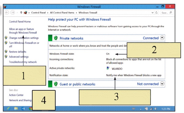   In the figure above, which item points to the option to adjust settings to specify what is allowed and what is blocked by the firewall? A)  item 1 B)  item 2 C)  item 3 D)  item 4