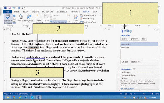   In the accompanying figure, the word referenced by item 3 has been ____. A)  replaced by the thesaurus B)  flagged by the grammar checker C)  missed by the grammar and spelling checker D)  flagged by the spelling checker