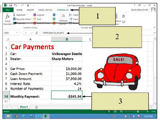   In the figure above, what is the function of the button to which item 1 is referring? A)  It inserts a function into the selected cell. B)  It deletes the contents of the selected cell. C)  It opens a dialog box that gives you options for creating formulas. D)  It calculates the result of a function.