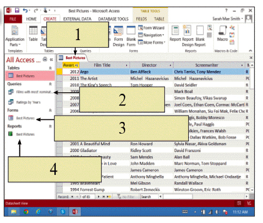   In the accompanying figure, the feature indicated by item 1 indicates a ____ in a database that holds records that contain data. A)  table B)  form C)  tab D)  file