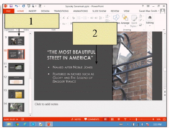   In the figure above, item 2 points to the ____, which display placeholders for entering titles, text, bulleted lists, graphics, and other slide elements. A)  outline B)  layouts C)  thumbnails D)  notes
