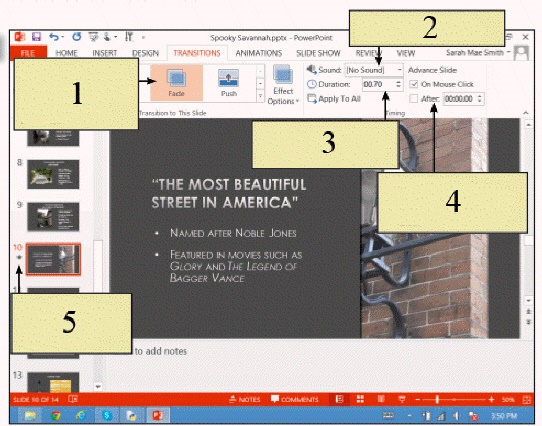   In the figure above, the selected transition referred to by item 1 ____. A)  makes the current slide fade out and then the next slide will fade in B)  selects a sound C)  specifies the speed of a transition D)  specifies whether to advance to the next slide based on a mouse click or timed interval