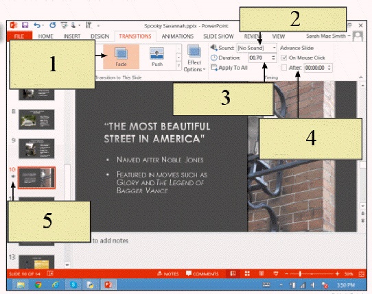 <strong> In the figure above, item 4 refers to the place where you can specify ____.</strong> A) the theme of your presentation B) the type of transition you will use C) whether to advance to the next slide based on a mouse click or after a timed interval D) the background color of your presentation