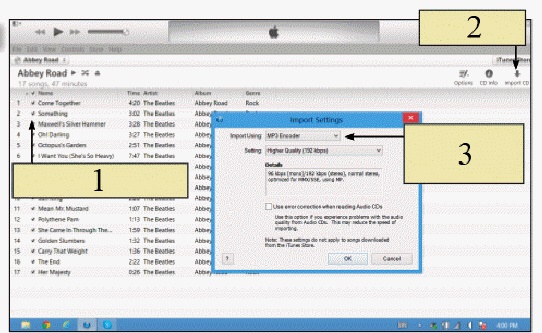   In the figure above, the checkboxes referred to by item 1 are used to ____. A)  play a song B)  select the tracks you want to import C)  delete a song D)  select songs to edit
