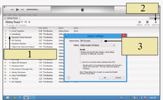   In the figure above, the button referred to by item 3 allows you to ____. A)  select an import format B)  delete a song C)  import selected tracks D)  edit a track