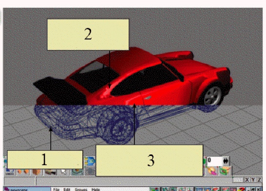   In the figure above, the drawing indicated by item 1 was created by ____. A)  outlining every surface on the front, back, and inside of the object B)  using the ray tracing feature C)  sifting the image D)  tracing an image of a car on a graphics tablet