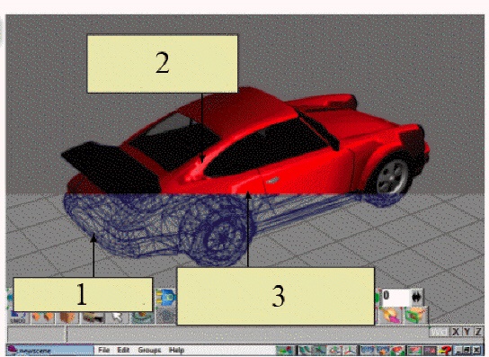   In the figure above, the rendering process referred to by item 2 ____. A)  creates a wireframe B)  traces the rays of light from the light source to the object C)  creates textured surfaces D)  colors the object in