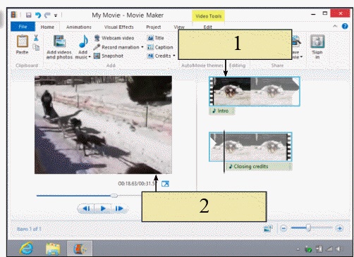   In the figure above, item 1 gives you options to  ____. A)  select a menu style for your opening menu B)  create your opening menu C)  burn it onto a DVD D)  drag audio and video clips