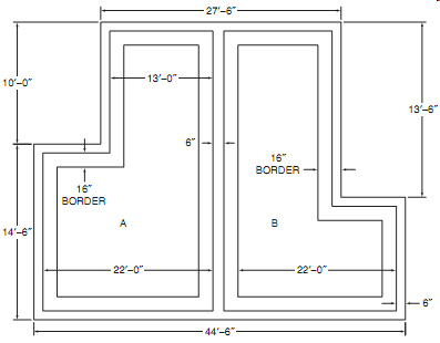 Use this illustration for the following questions.   To the nearest square foot, what is the area of room A excluding the walls and border?