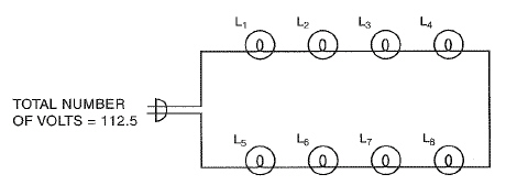 Carry the answer to four decimal places. The lighting set shown has the same number of volts across each lamp. The sum of all lamp voltages is equal to the total number of volts. Find the number of volts across each lamp.