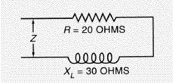  If the resistance is changed to 40 ohms and (  X _ { L }  ) is the inductive reactance, what is the impedance (Z)?  X _ { L } = \sqrt { Z ^ { 2 } - R ^ { 2 } }    