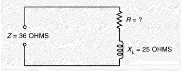 What is the value of the resistance (R) in the series circuit shown? Carry the answer to two decimal places.  X _ { L } = \sqrt { Z ^ { 2 } - R ^ { 2 } }    